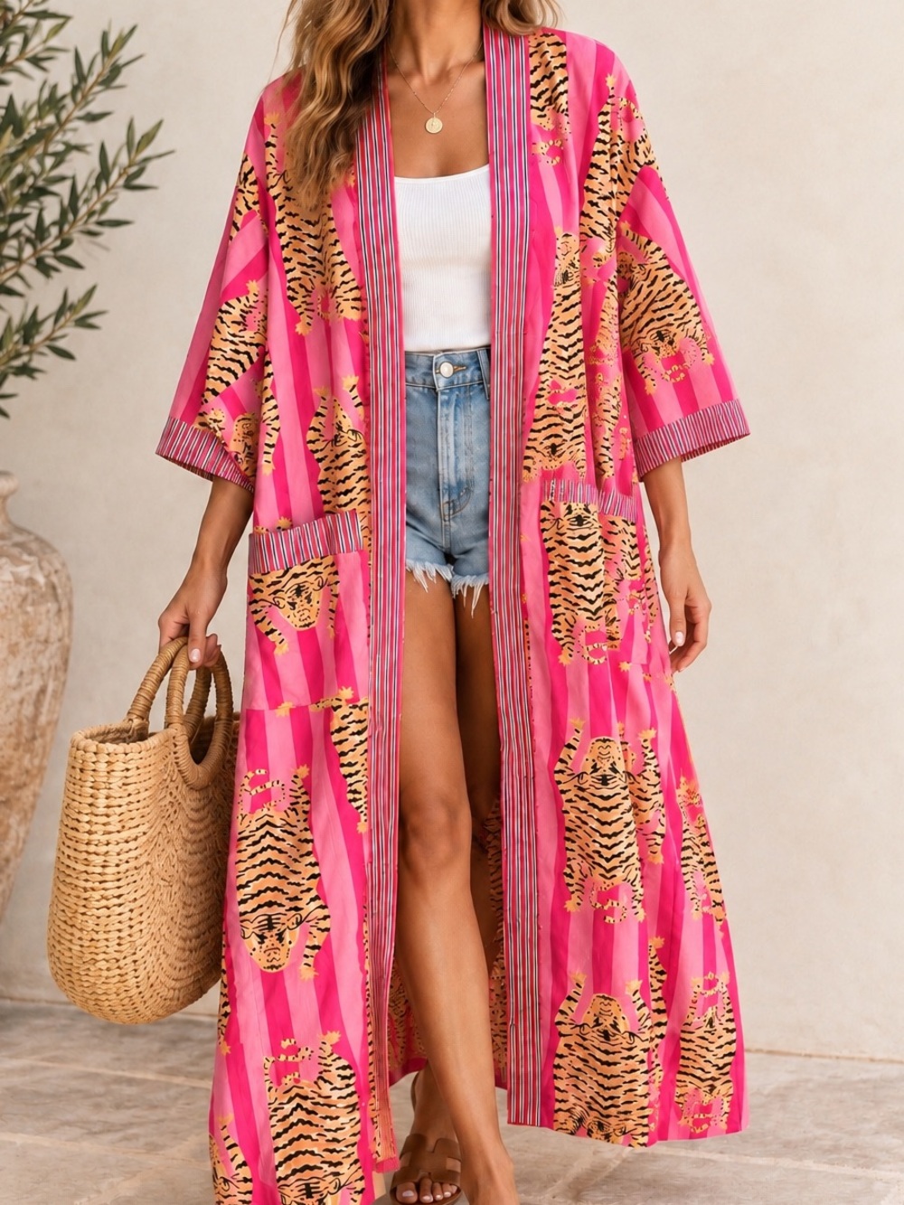 Curiosity Lab Pink Tiger Print 100% Cotton Long Kimono Duster